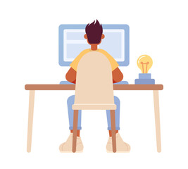 Fototapete - Guy sitting at table with computer semi flat color vector character. Editable figure. Full body person on white. Simple cartoon style spot illustration for web graphic design and animation
