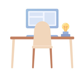 Fototapete - Workspace for idea generator semi flat color vector object. Table with computer. Editable icon. Full sized element on white. Simple cartoon style spot illustration for web graphic design and animation