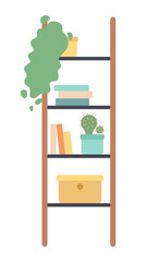 Poster - ladder shelves with books and houseplants semi flat color vector object. editable icon. full sized e