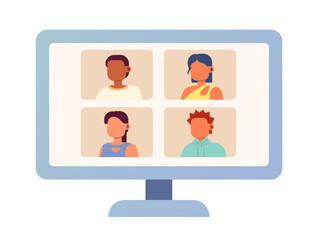 Fototapete - Computer monitor with online video meeting semi flat color vector object. Editable icon. Full sized element on white. Simple cartoon style spot illustration for web graphic design and animation