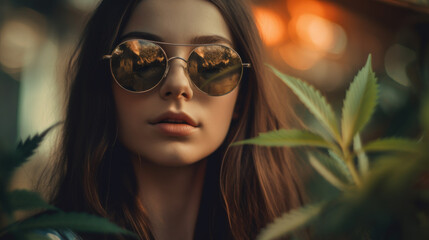 Beautiful woman in sunglasses that reflect marijuana leaves created with generative AI technology