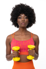 Wall Mural - Fitness  trainer with curly hair on isolated white background.