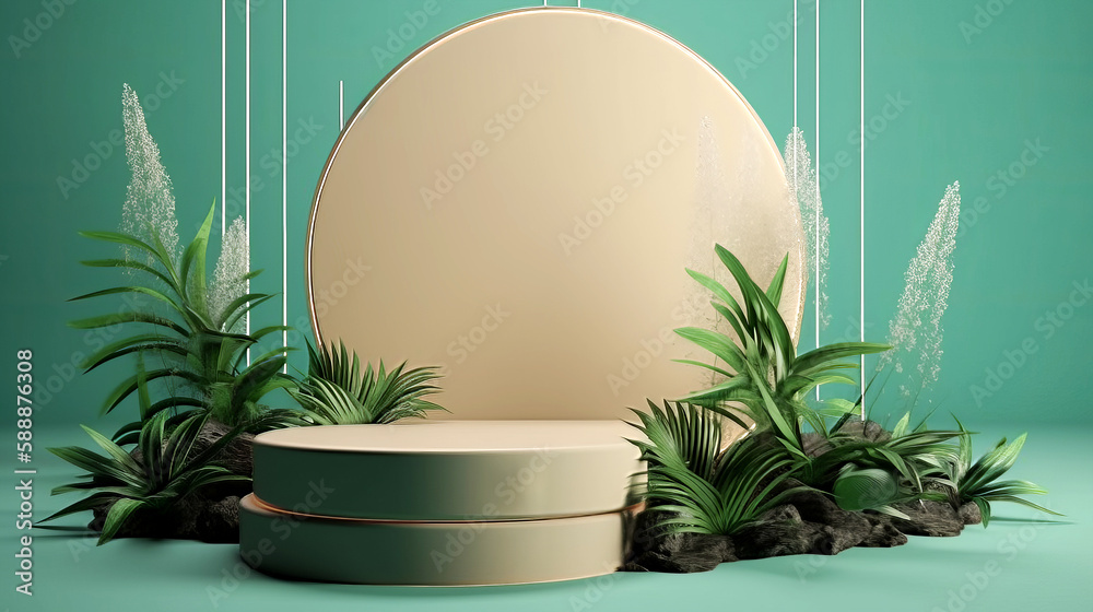 Abstract minimal scene with a cylindrical podium on a green background ...