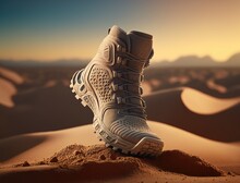 Trekking Shoes In Desert Sand. Military Sport Trekking Footwear. Combat Boots. Generative AI