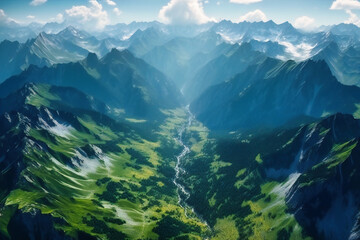 Wall Mural - The summer aerial view captures the majesty of snow-capped mountains juxtaposed with lush green valleys
