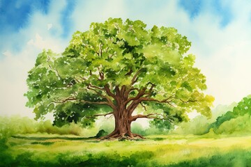 Canvas Print - Majestic tree in the middle of a lush meadow with a clear blue sky above. Watercolor Painting. Generative AI