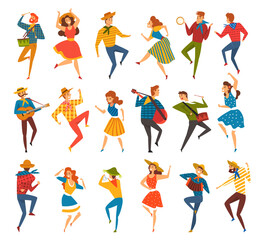 Wall Mural - Festa Junina with People Characters Dancing and Playing Musical Instrument at Brazil Party Vector Set