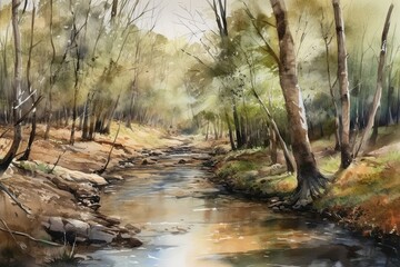 Canvas Print - Tranquil forest stream running through a grove of trees. Watercolor Painting. Generative AI