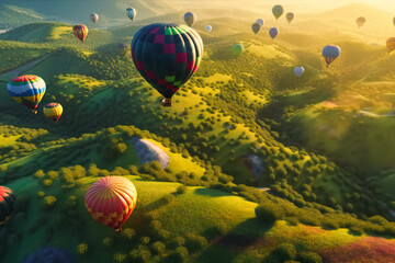 Wall Mural - The vibrant colors of hot air balloons rising over rolling green hills are a playful and whimsical sight from an aerial view
