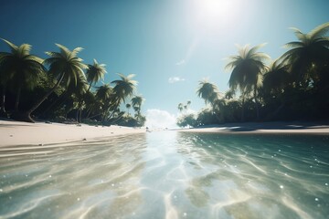 Wall Mural - View of the ocean and palm trees, travel concept, vacation, vacation, polaroid effect, beautiful beach. generative ai