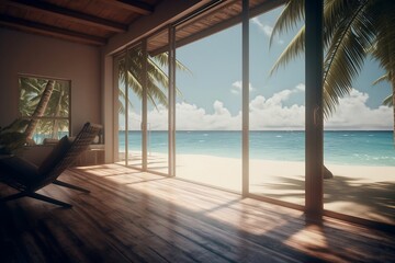 Wall Mural - View of the ocean and palm trees, travel concept, vacation, vacation, polaroid effect, beautiful beach. generative ai