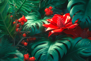 Wall Mural - A playful, whimsical scene featuring oversized green leaves and bright red flowers