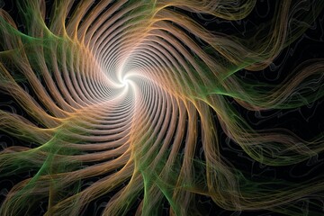 Wall Mural - Orange green swirling pattern of crooked waves on a black background. Abstract fractal 3D rendering