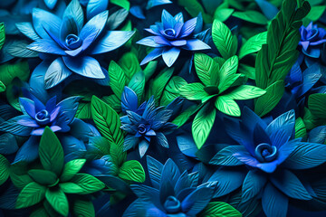 Wall Mural - A playful and whimsical pattern of green leaves and bright blue flowers