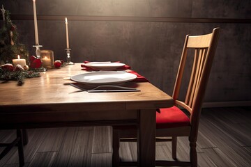 Wall Mural - Vacant seats at a Christmas hardwood table, and an elevator with a shadow on the wall. Generative AI