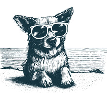Cheerful Corgi Dog Wearing Sunglasses Sitting On The Beach Near The Sea, Vacation Dog Illustration 