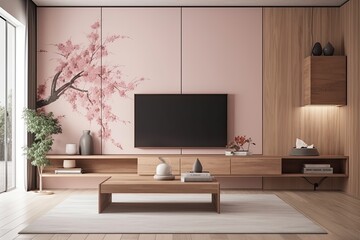 Poster - Japanese decor of a pink sakura living room with TV cabinet and showcase. Generative AI