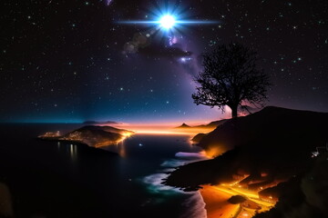 Wall Mural - starry sky  and moon at night in Switzerland valley mountains on horizon beautiful landscape  generated ai