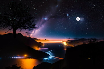 Wall Mural - starry sky  and moon at night in Switzerland valley mountains on horizon beautiful landscape  generated ai