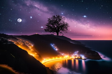 Wall Mural - starry sky  and moon at night in Switzerland valley mountains on horizon beautiful landscape  generated ai