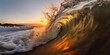 Closeup of ocean breaking waves. Sunset dawn crashing sea break wallpaper background.