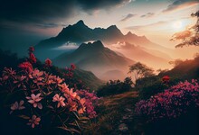 Sunrise On Doi Luang Chiang Dao Mountain With Fog And Blooming Flowers Garden At Chiang Rai, Thailand. Generative AI