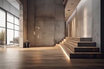 Poster - A wooden floor, an empty wall, and slanting columns can be found in a gray interior. Concept for a presentation. a mockup. Generative AI