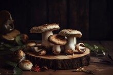 Wild Mushroom On Table. Generate Ai