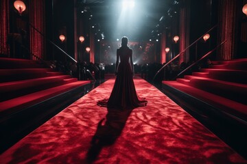 Red carpet stage with star woman. Generate Ai