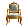 Classic golden baroque chair with silver fabric upholstery isolated on transparent background. 3D rendering