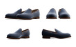 Blue suede loafer shoes from different angles isolated on transparent background. 3D rendering