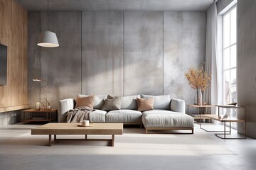 Wall Mural - Background interior of living room with light colored concrete walls, sofa, and table. Generative AI