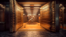 Bank Vault With Open Door. Store Gold Bar, Inside In Gold Vault Money. Dollar And Euro Vault. Inside In Bank Vault Money. Federal Reserve Bank Storage With Golden Walls And Gold Stacks. Generative AI