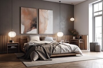 In a grey bedroom with white wood wall paneling, two bedside tables, two unique pendant lights, and a dark bed, there are two paintings. Interior design idea for a contemporary home. Generative AI