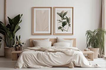 Poster - There are two empty picture frames in the bedroom. Large bed, pillows, and potted plants are present inside. Generative AI