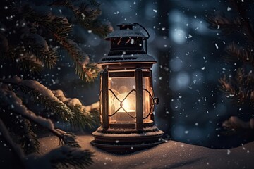 Poster - Moonlight Shining Through A Christmas Lamp On Snow With A Fir Branch. Winter-themed Background. Generative AI