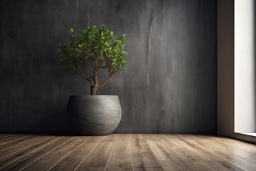 Interior of an empty room with a mock up wall made of concrete or black stucco. hardwood flooring a grass filled decorative vase. Home design mock up. Generative AI