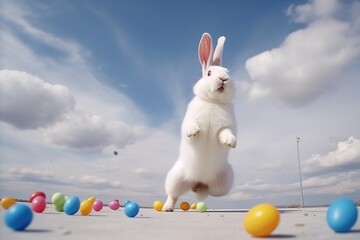 Wall Mural - Huge white easter bunny and colored eggs outdoors made with generative AI