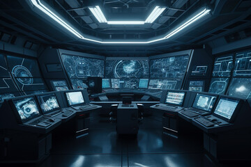 Control room with screens and computers, interior of command center, theme of technology, intelligence and map.