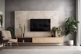 Fototapeta  - Modern living room with wall mounted TV on cabinet, armchair, light, table, flower, and plant on concrete wall background. Generative AI