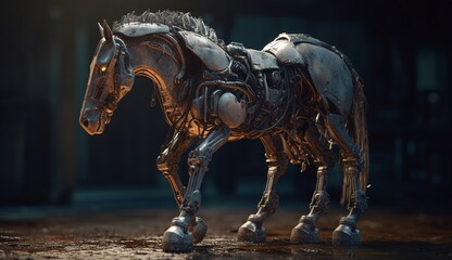 A futuristic dashing horse with robotic technology. Based on Generative Ai.