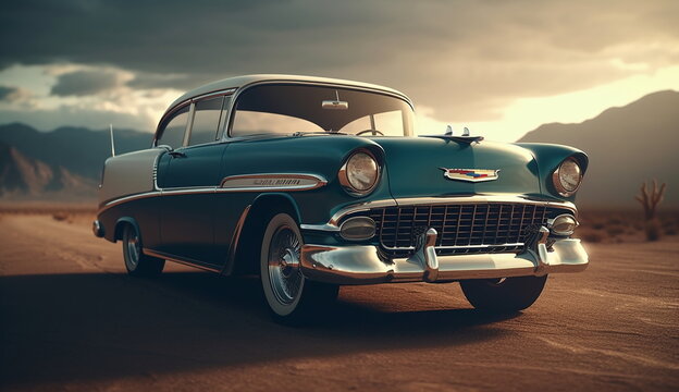 A classic old car driving down a desert road. Based on Generative Ai.