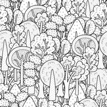 Fantasy Doodle Forest Black And White Seamless Pattern. Doodle Coloring Page With Trees For Coloring Book. Outline Background. Vector Illustration
