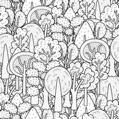 Wall Mural - Fantasy doodle forest black and white seamless pattern. Doodle coloring page with trees for coloring book. Outline background. Vector illustration