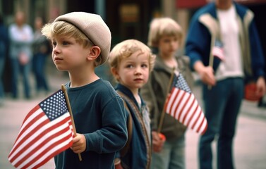 Children waving a US flag at a parade. Generative AI