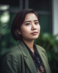 Wall Mural - Businesswoman Wearing Green Blazer Outdoors Photorealistic Illustration [Generative AI]