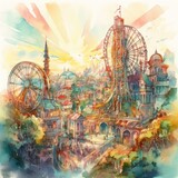 Fototapeta Boho - A Watercolor Bustling Amusement Park Generative Ai