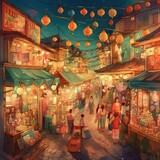Fototapeta Uliczki - A Watercolor Bustling Night Market Generative Ai
