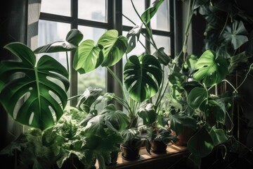 Wall Mural - On a window, a huge monstera plant is vivid green. Generative AI