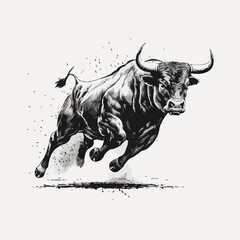 Mascot of running angry bull buffalo. black white line art vector illustration